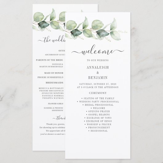 Botanische Eukalyptus-Grün-Hochzeitsprogramm (Vorne/Hinten)