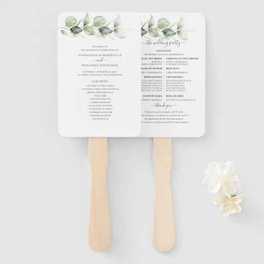 Botanische Eukalyptus-Grün-Hochzeitsprogramm Fächer (Vorne und Hinten)