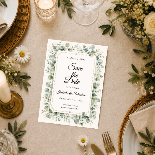 Botanische Eukalyptus-Hochzeit Save The Date