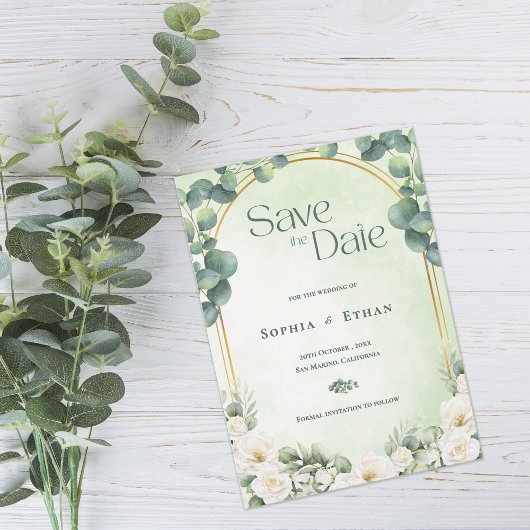 Botanische Eukalyptus-Sage-Grün-Gartenhochzeit Save The Date