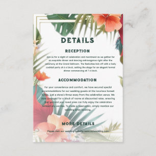 Botanische exotische Hochzeitsdetails am Zielort Begleitkarte