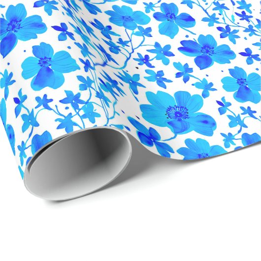 Botanische Flora in Deep Blue und White Geschenkpapier (Rolleneckpunkt)