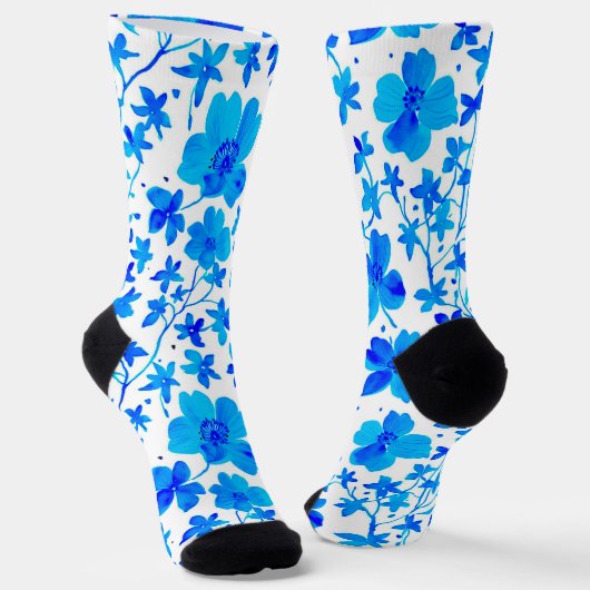 Botanische Flora in Deep Blue und White Socken (Gewinkelt)