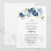 Botanische florale Dusty Blue Script Hochzeit Einladung (Vorne/Hinten)