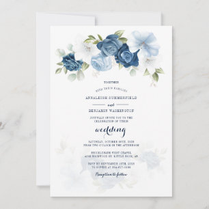 Botanische florale Dusty Blue Script Hochzeit Einladung