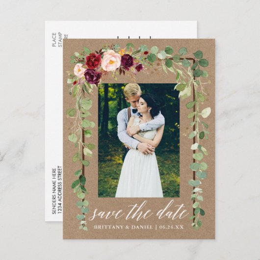 Botanische florale Kalligrafie Save the Date Kraft Ankündigungspostkarte (Vorne/Hinten)