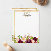 Botanische florale Monogrammkarte für Burgund Blus Mitteilungskarte (Vorderseite/Rückseite Beispiel)