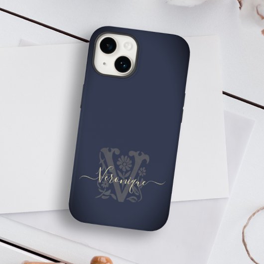 Botanische Flotte Blau und Gold V Name Monogram Case-Mate iPhone Hülle