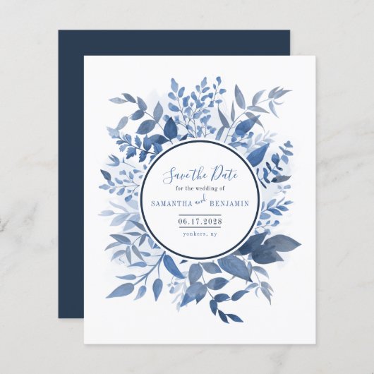 Botanische Foliage Navy Blue Save the Date (Vorne/Hinten)