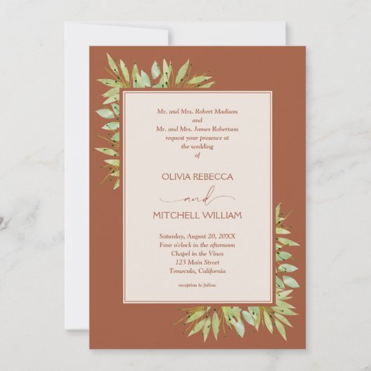 Botanische Foliage Terracotta Wedding Einladung (Vorderseite)