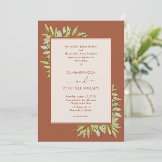 Botanische Foliage Terracotta Wedding Einladung (Stehend Vorderseite)