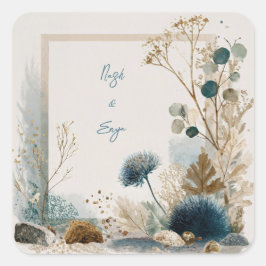 Botanische Folk Art Blue & Earth Wedding Quadratischer Aufkleber