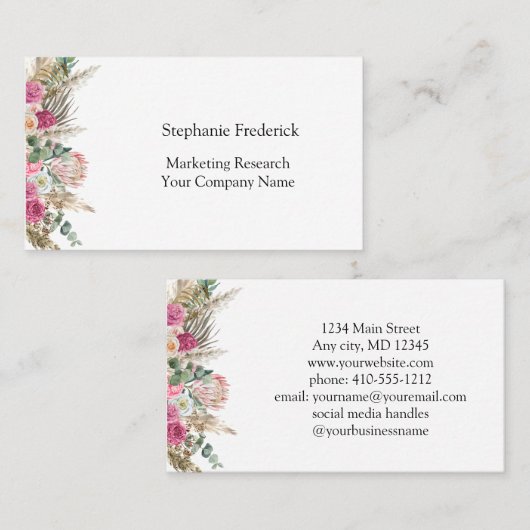 Botanische Frauenkarte Pink Green Floral Business Visitenkarte (Vorne/Hinten)