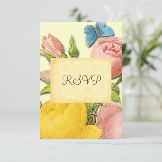 Botanische, gelbe und rosa Rose-RSVP-Karten Einladung (Stehend Vorderseite)