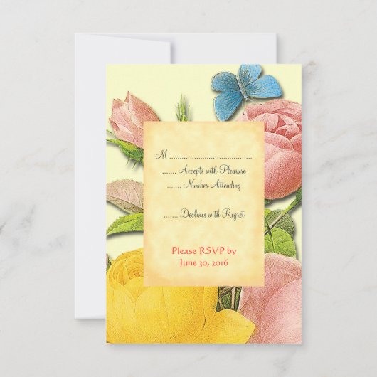 Botanische, gelbe und rosa Rose-RSVP-Karten Einladung (Rückseite)