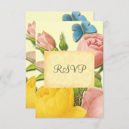 Botanische, gelbe und rosa Rose-RSVP-Karten Einladung (Vorne/Hinten)