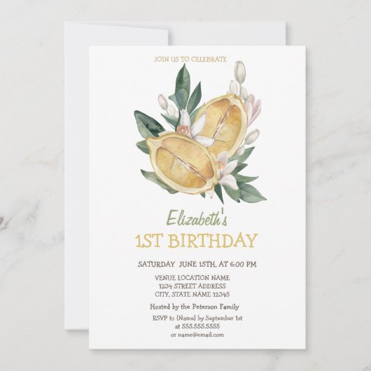 Botanische Gelbe Zitronen Einladung (Vorderseite)