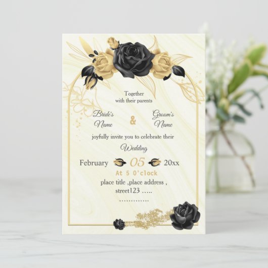 botanische geometrische Hochzeit mit Gold und Schw Einladung (Stehend Vorderseite)