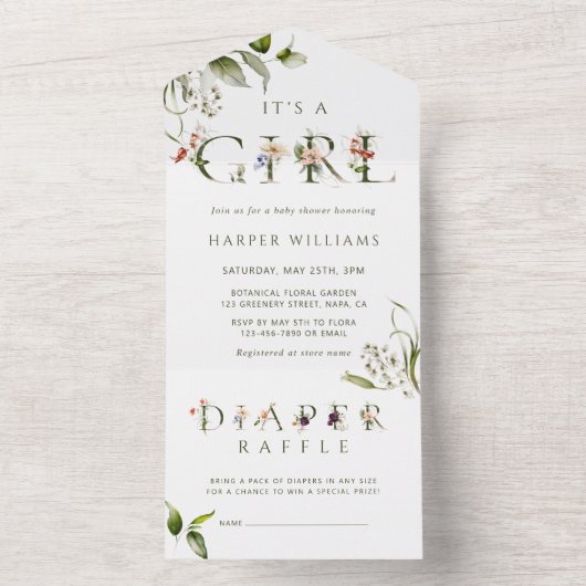 Botanische Girl-Babydusche | Windelrumpf All In One Einladung (Innen Boden)