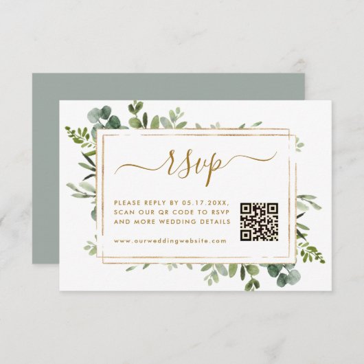 Botanische Goldgrün Hochzeit RSVP mit QR-Code Begleitkarte (Vorne/Hinten)
