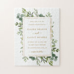 Botanische Goldschmiede Einladung zur Hochzeit Puzzle<br><div class="desc">Dieses einladende Puzzle mit seiner einladenden Hochzeitsjigsäge ist mit gemalten Aquarellfarben,  Eukalyptusgrün,  grünen Blätter und einem goldenen rechteckigen Rahmen ausgestattet. Für eine weiter gehende Anpassung dieses Designs klicken Sie bitte auf den Link "Weitere Anpassung". Matching-Elemente sind ebenfalls verfügbar.</div>