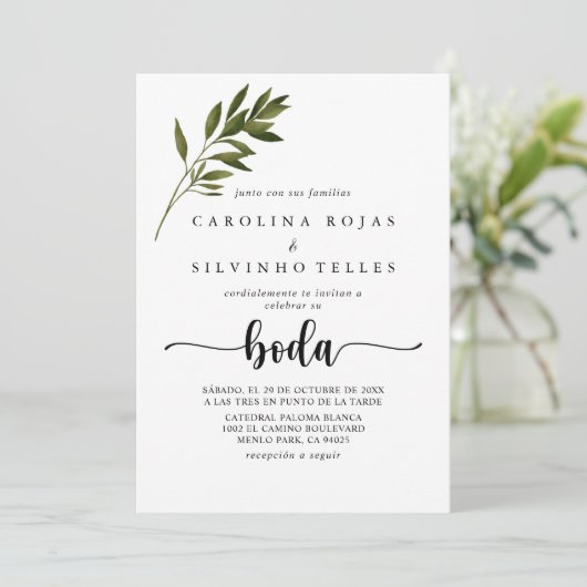 Botanische Grüne Blätter Boda Wedding Einladung (Stehend Vorderseite)