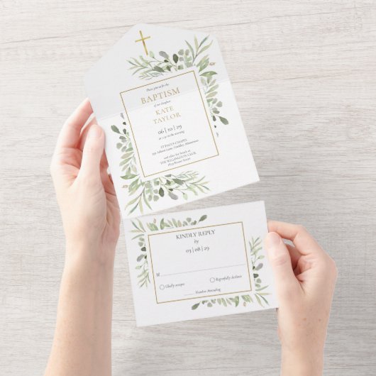 Botanische Grüne Blätter Taufe All In One Einladung (Abreißen)