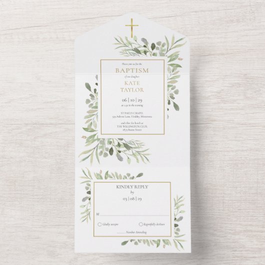 Botanische Grüne Blätter Taufe All In One Einladung (Innen Boden)