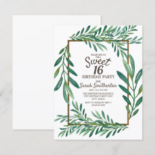 Botanische grüne Blätter Weiß Gold Sweet 16 Einladung
