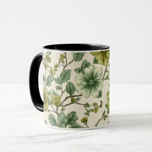 Botanische Grüne Blumen Creme Blumenmuster Tasse (Vorderseite Links)