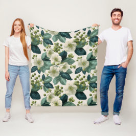 Botanische Grüne Blumen Creme Florales Muster Fleecedecke