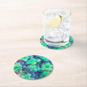 Botanische grüne Farbtöne Blütensukkulatur Runder Pappuntersetzer