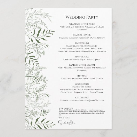 Botanische Grüne Hochzeitsprogrammkarte Programm (Rückseite)