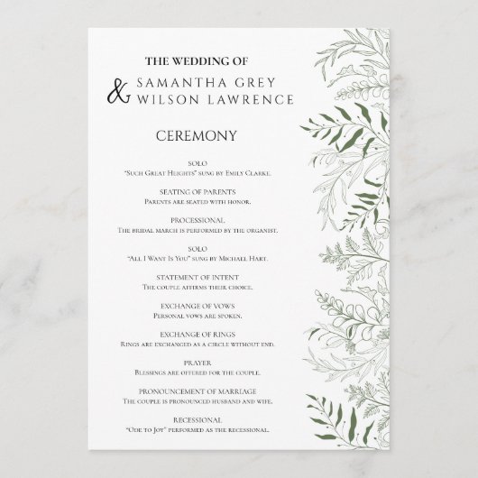 Botanische Grüne Hochzeitsprogrammkarte Programm (Vorderseite)