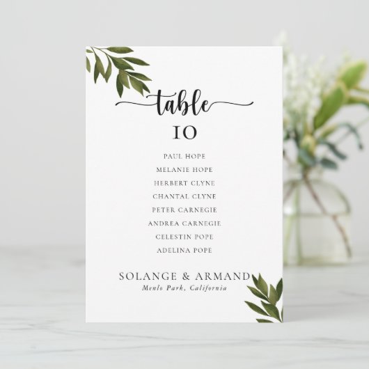 Botanische Grüne Hochzeitstabelle 6 Sitzkarten Einladung (Stehend Vorderseite)