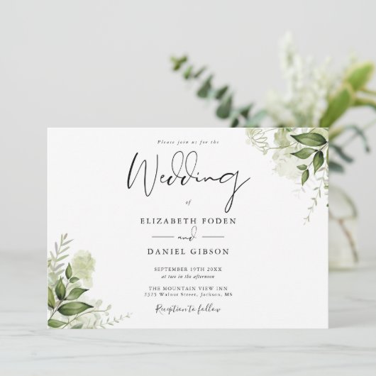 Botanische Grüne Mongram Hochzeit Einladung (Stehend Vorderseite)