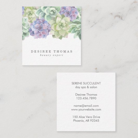 Botanische grüne und Lila Aquarellfarben Quadratische Visitenkarte (Vorne/Hinten)