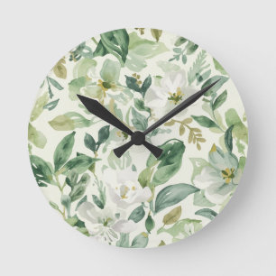 Botanische grüne Wasserfarbe Florale Blätter Natur Runde Wanduhr