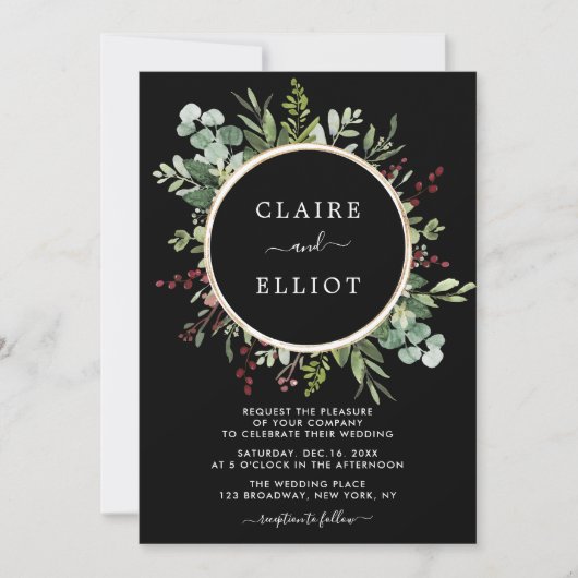 Botanische Grüne Weihnachtsfeier Schwarz Einladung (Vorderseite)