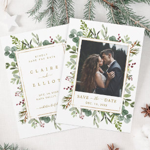 Botanische Grüne Weihnachtszeit Gold Hochzeit Foto Save The Date