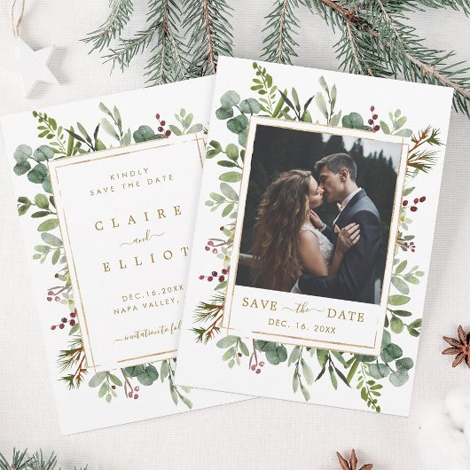 Botanische Grüne Weihnachtszeit Gold Hochzeit Foto Save The Date