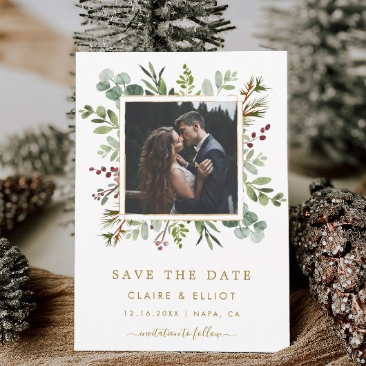 Botanische Grüne Weihnachtszeit Gold Hochzeit Foto Save The Date