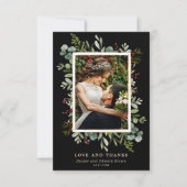 Botanische Grüne Winter Hochzeit Foto Schwarz Dankeskarte (Vorderseite)