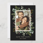 Botanische Grüne Winter Hochzeit Foto Schwarz Save The Date (Vorderseite)