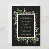 Botanische Grüne Winter Hochzeit Foto Schwarz Save The Date (Rückseite)
