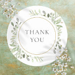 Botanische Grünfolien Vielen Dank Runder Aufkleber<br><div class="desc">Mit feinen Aquarellfarben-Blätter kann dieser schicke botanische Dankeschön-Aufkleber mit Ihren speziellen Informationen zum Hochzeitstag personalisiert werden. Entwickelt von Thisisnotme©</div>