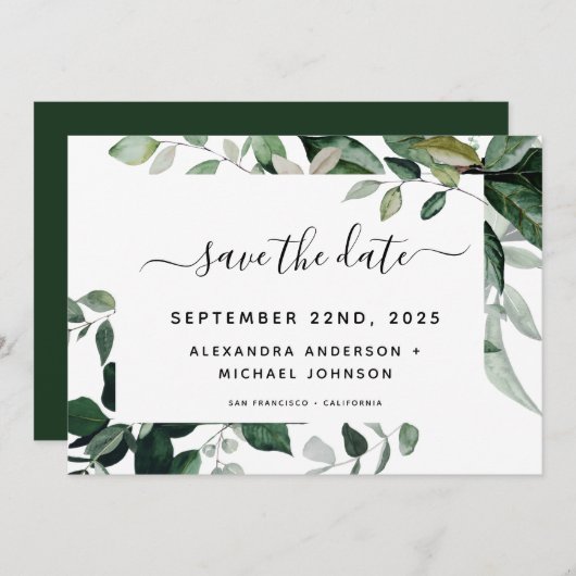 Botanische Grünfolien Wasserfarbenprägung Rett Save The Date (Vorne/Hinten)
