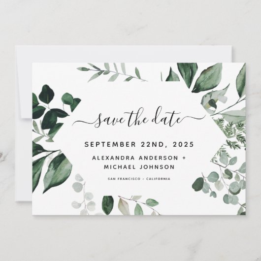 Botanische Grünfolien Wasserfarbenprägung Rett Save The Date (Vorderseite)
