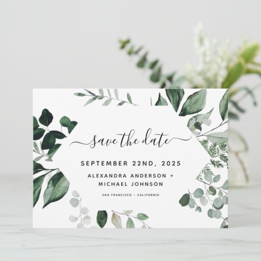 Botanische Grünfolien Wasserfarbenprägung Rett Save The Date (Stehend Vorderseite)