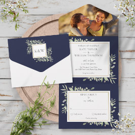 Botanische Grünpflanzen Blätter Foto Navy Blue Wed All In One Einladung